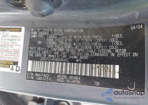 2004 Toyota Highlander V6 z USA, uszkodzony, nr VIN JTEEP21A940048442